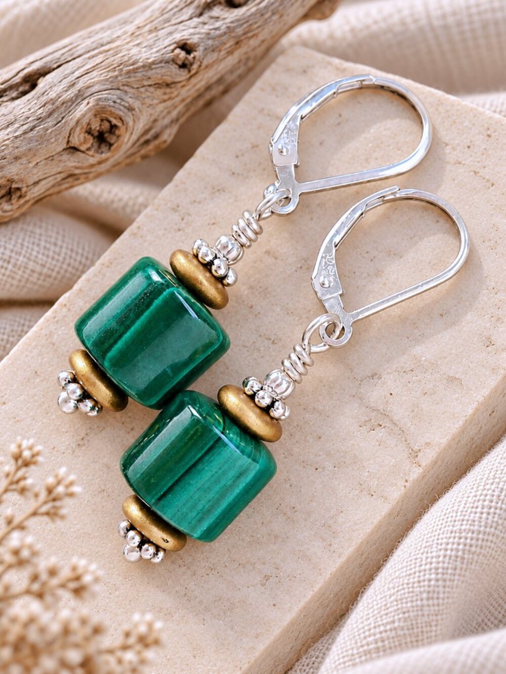 Green Malachite Earrings, 925 Sterling Silver, Leverbacks, Handcrafted